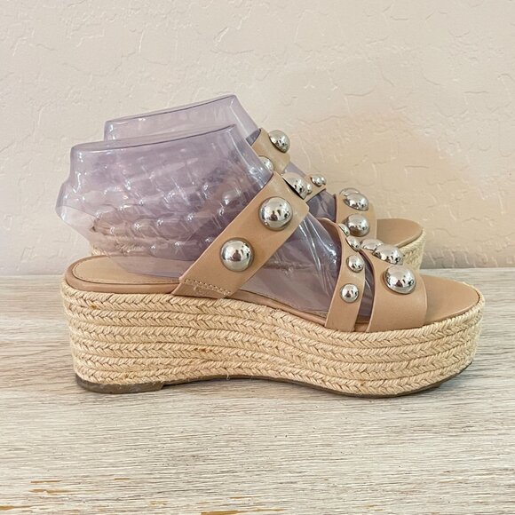 Marc Fisher 6.5 Jalyn Sandals Nude Silver Studs Espadrille Platform Wedge Slides - Picture 8 of 13